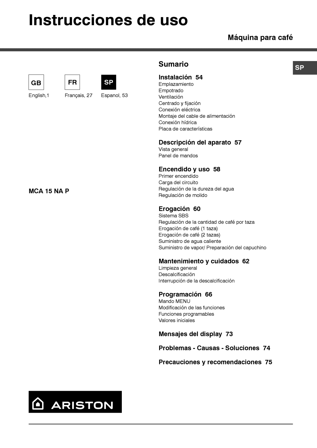 Ariston MCA15NAP manual Instrucciones de uso 