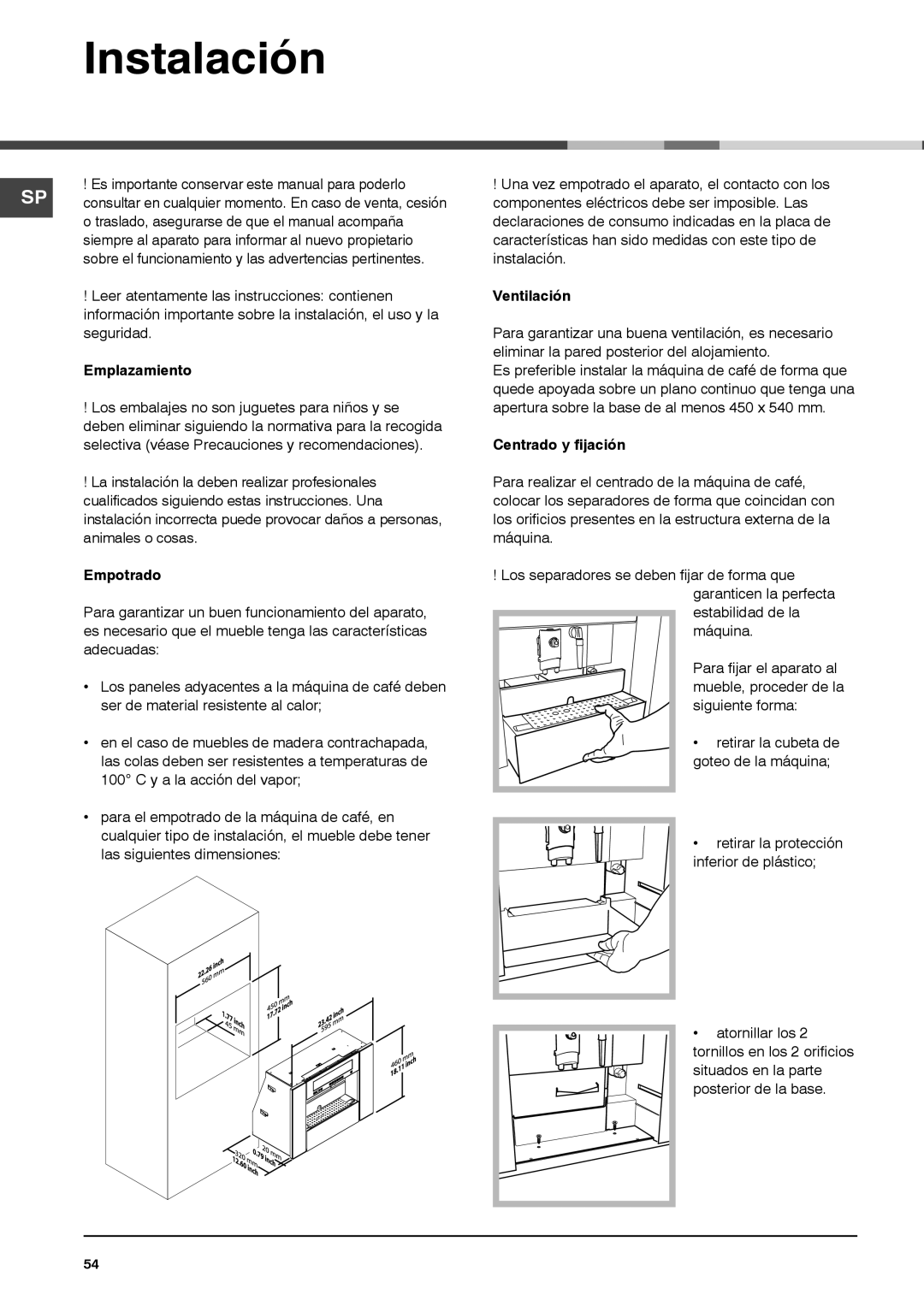 Ariston MCA15NAP manual Instalación, Emplazamiento, Empotrado, Ventilación, Centrado y fijación 