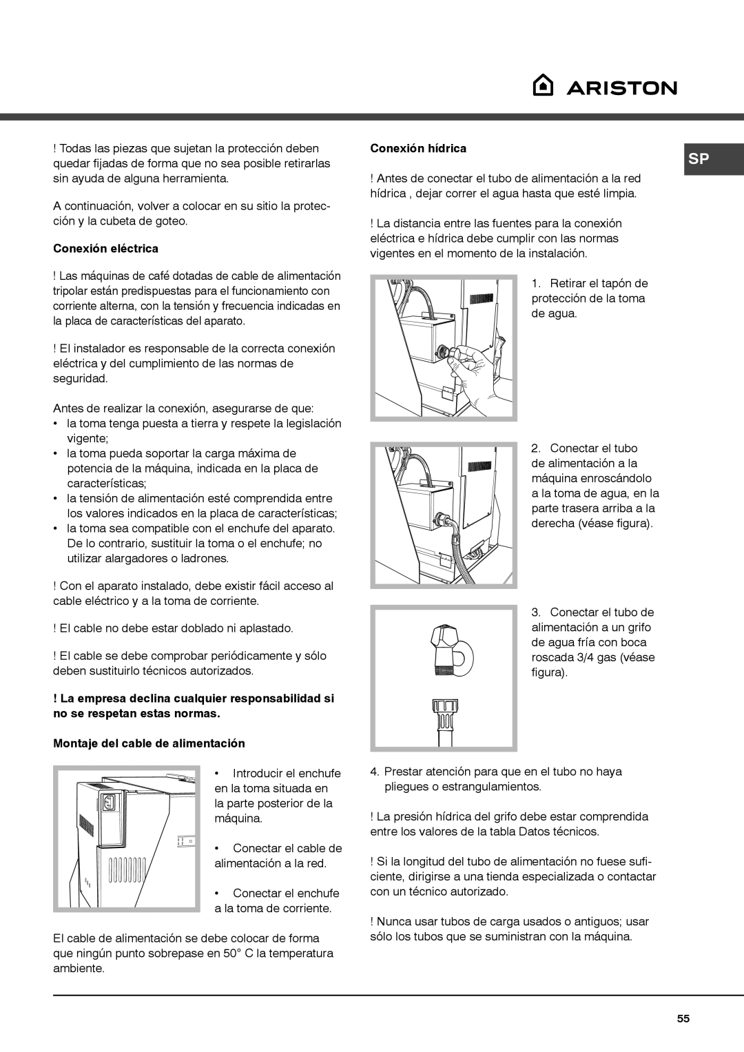 Ariston MCA15NAP manual Conexión hídrica, Conexión eléctrica 