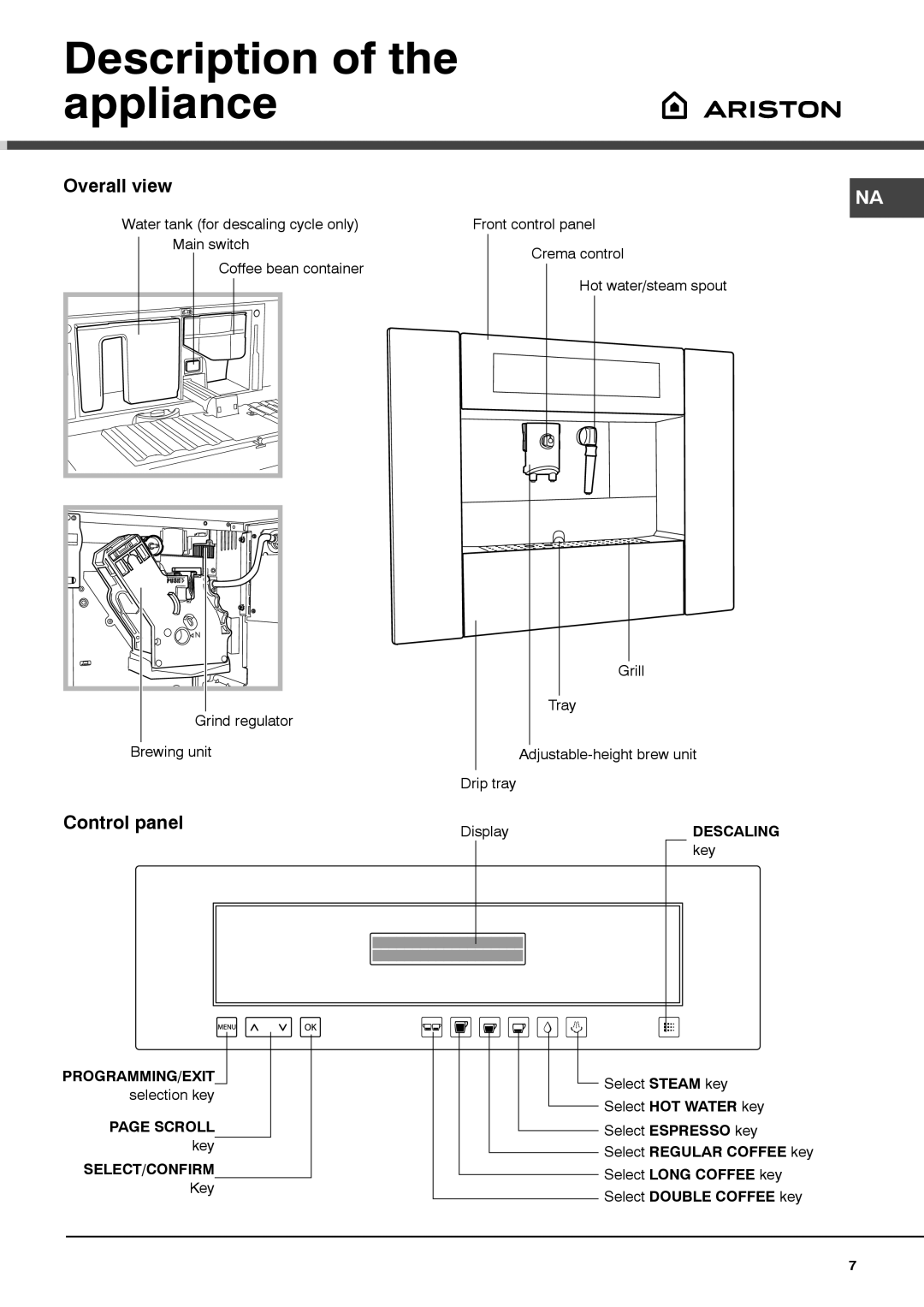 Ariston MCA15NAP manual Description of the appliance, Overall view, Control panel 
