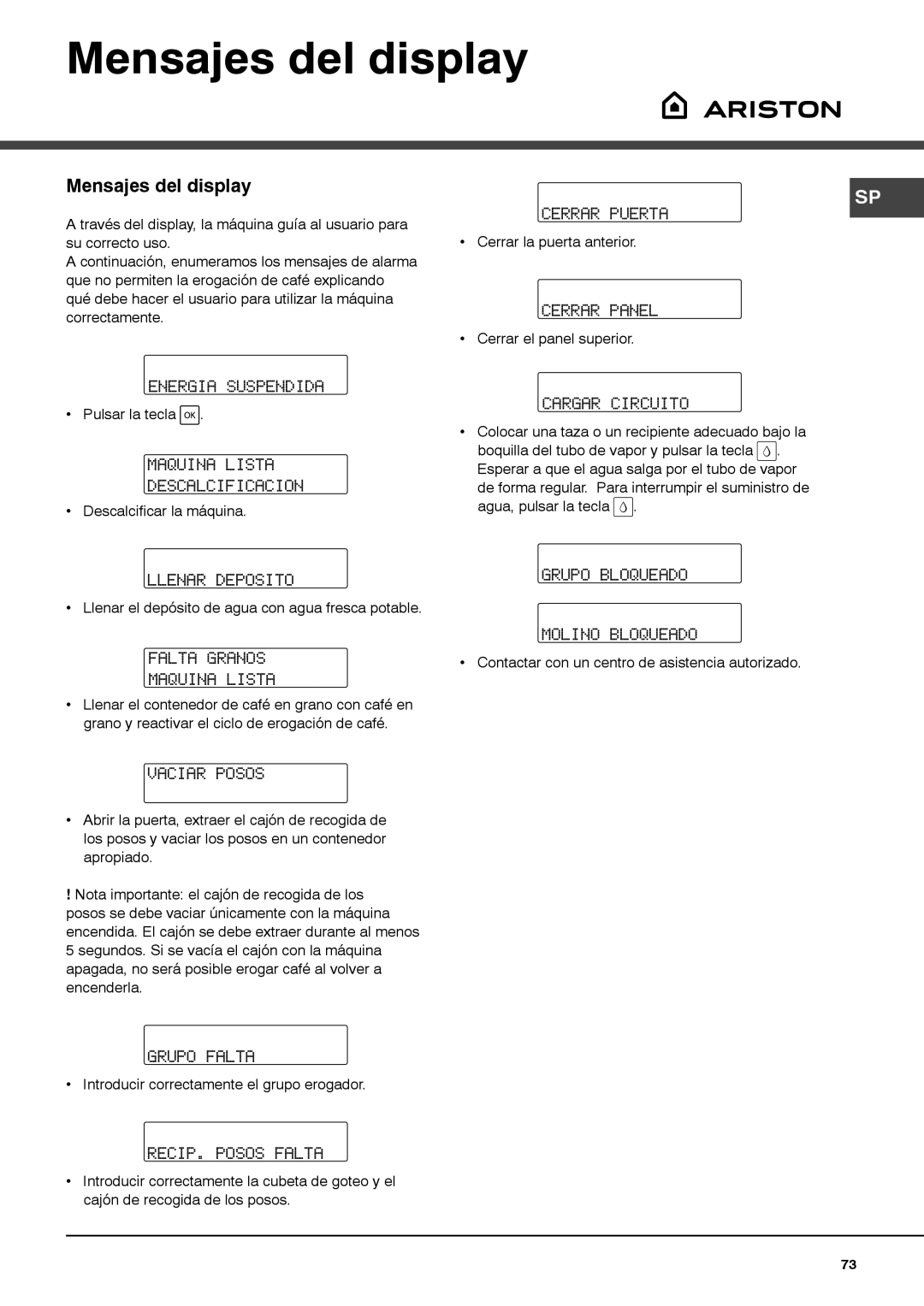 Ariston MCA15NAP manual Mensajes del display 