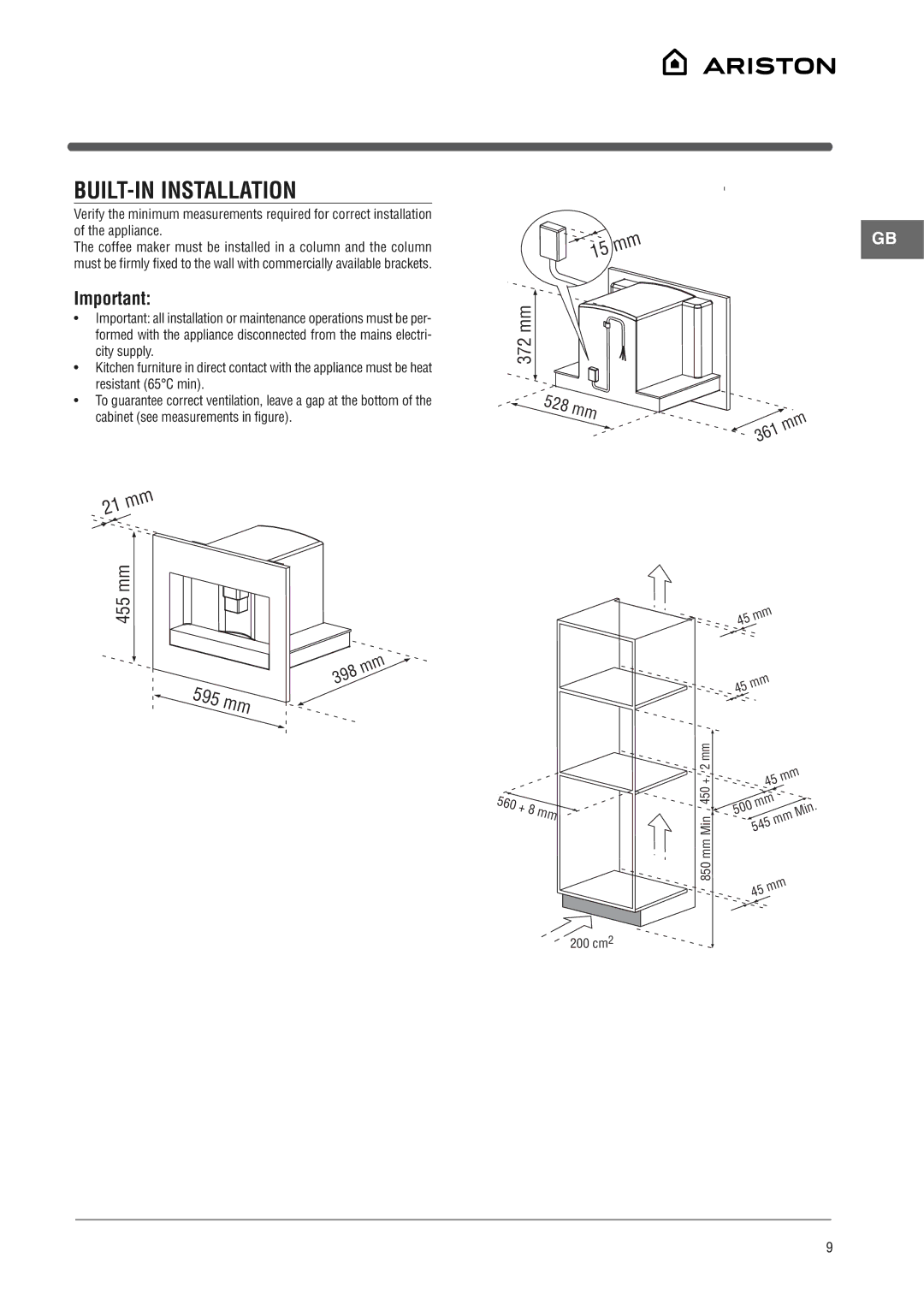 Ariston MCKA103X manual BUILT-IN Installation, 595 