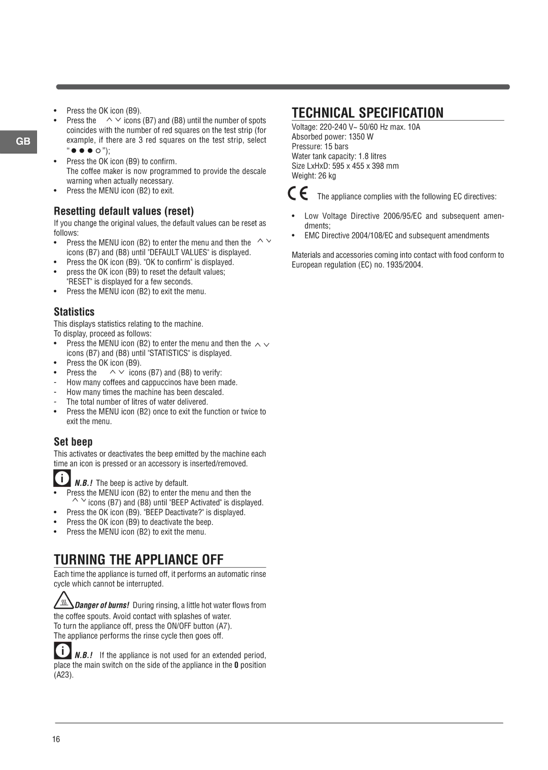 Ariston MCKA103X Turning the Appliance OFF, Technical Specification, Resetting default values reset, Statistics, Set beep 