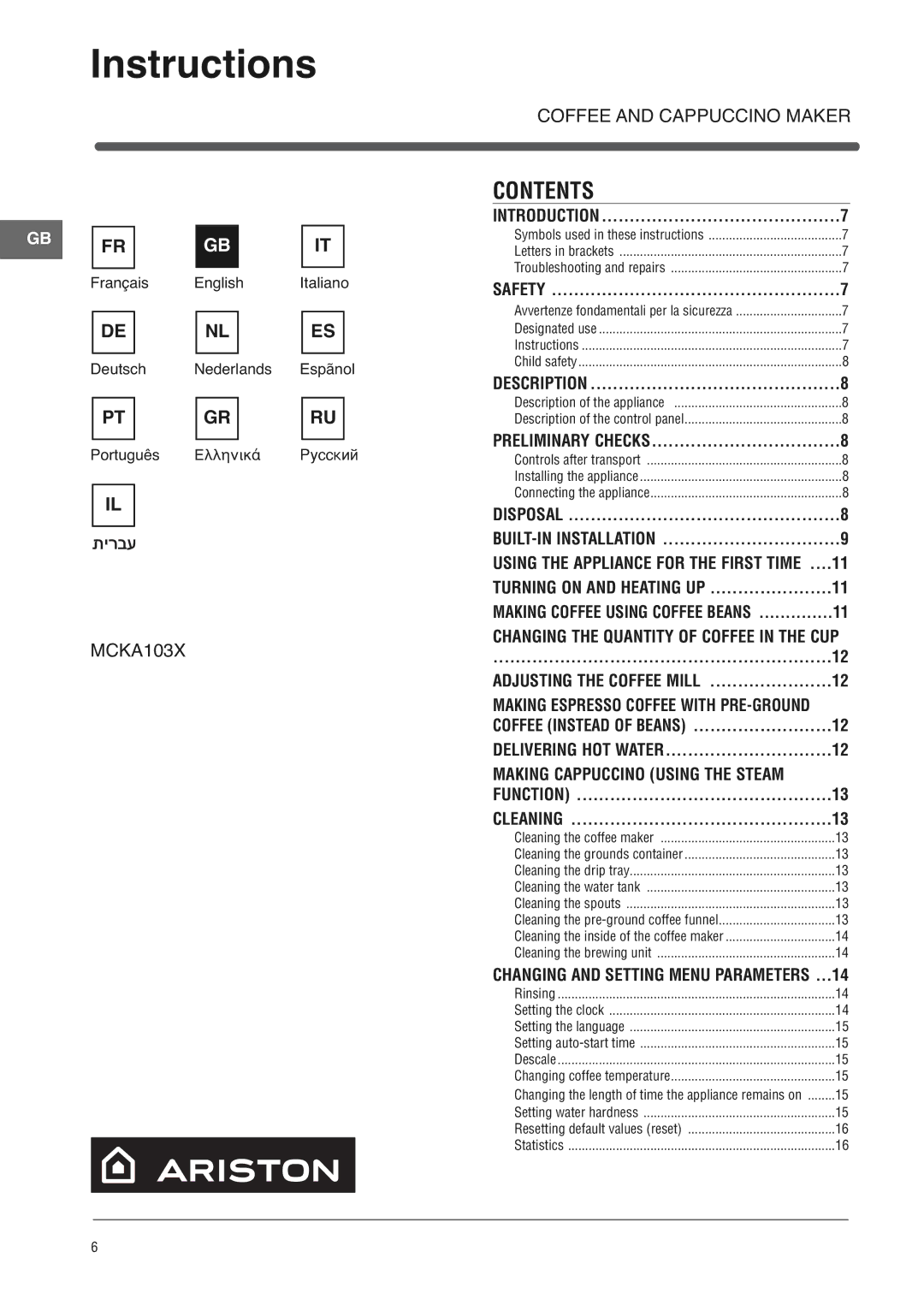 Ariston MCKA103X manual Instructions, Contents 