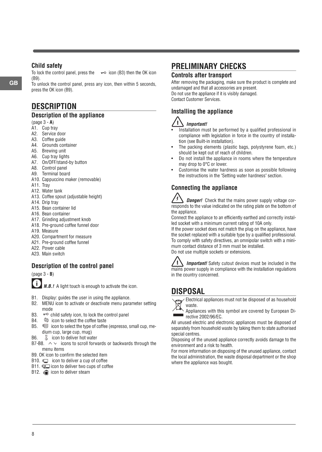 Ariston MCKA103X manual Description, Preliminary Checks, Disposal 