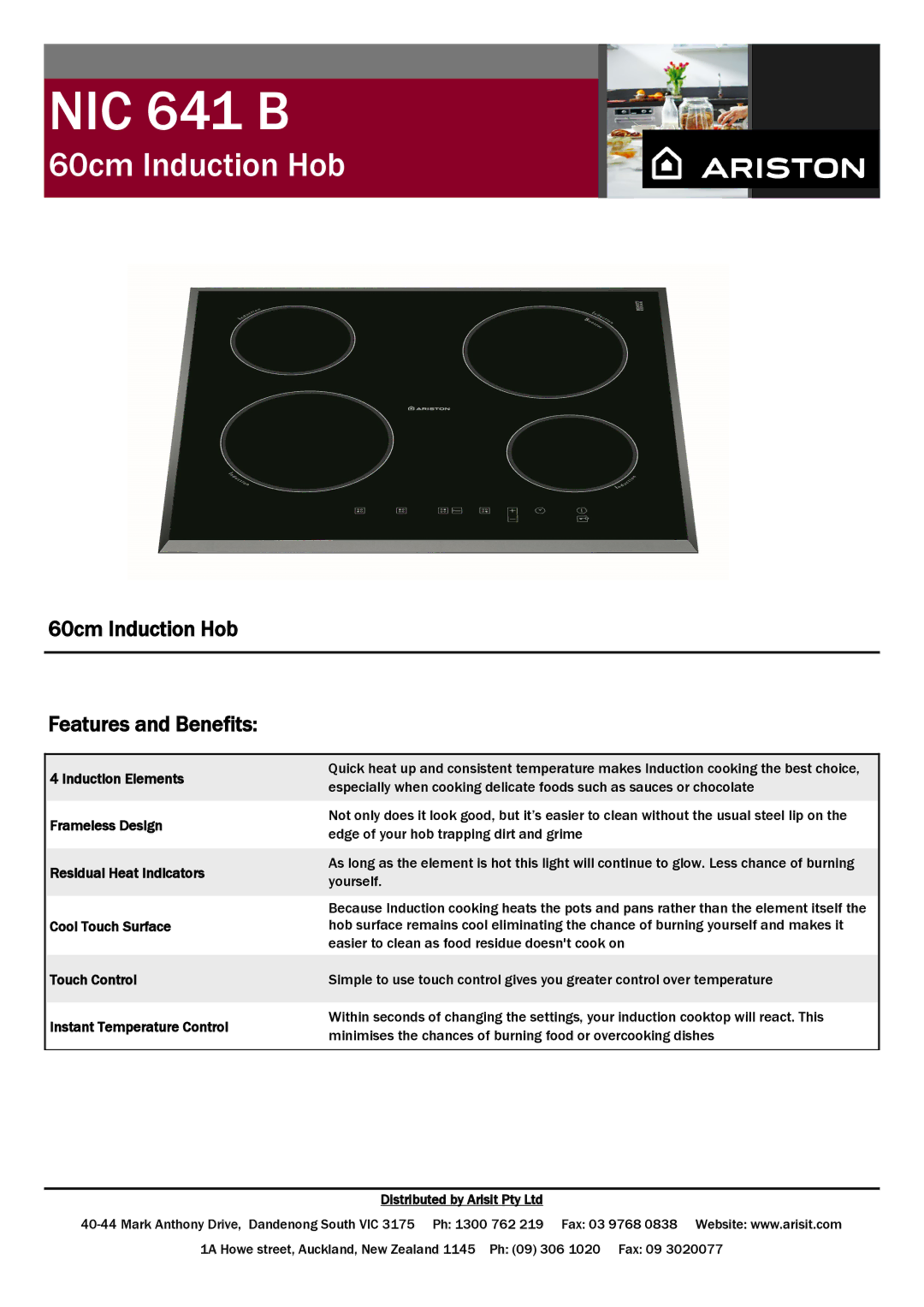 Ariston NIC 641 B manual 60cm Induction Hob Features and Benefits 