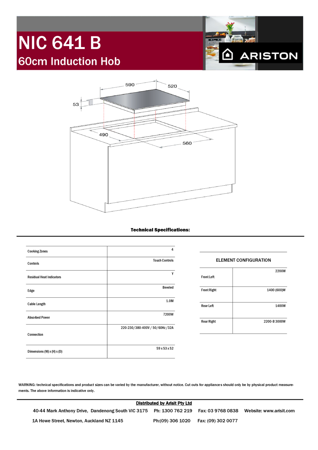 Ariston NIC 641 B manual Technical Specifications, Element Configuration 