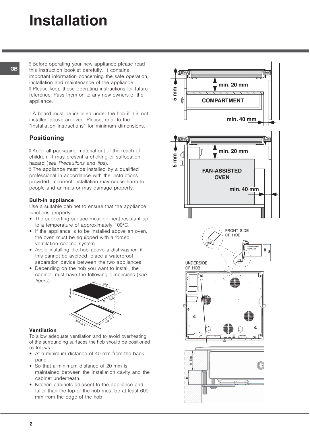 Ariston NRA 640 C AUS manual Installation, Positioning, Built-in appliance, Ventilation 