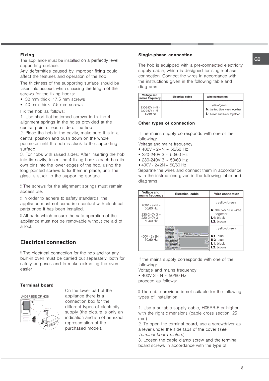 Ariston NRA 640 C AUS Electrical connection, Fixing, Single-phase connection, Other types of connection, Terminal board 