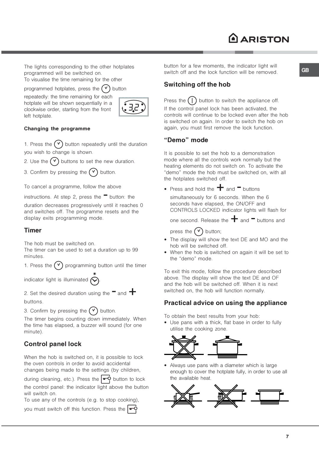 Ariston NRA 640 C AUS Timer, Control panel lock, Switching off the hob, Demo mode, Practical advice on using the appliance 