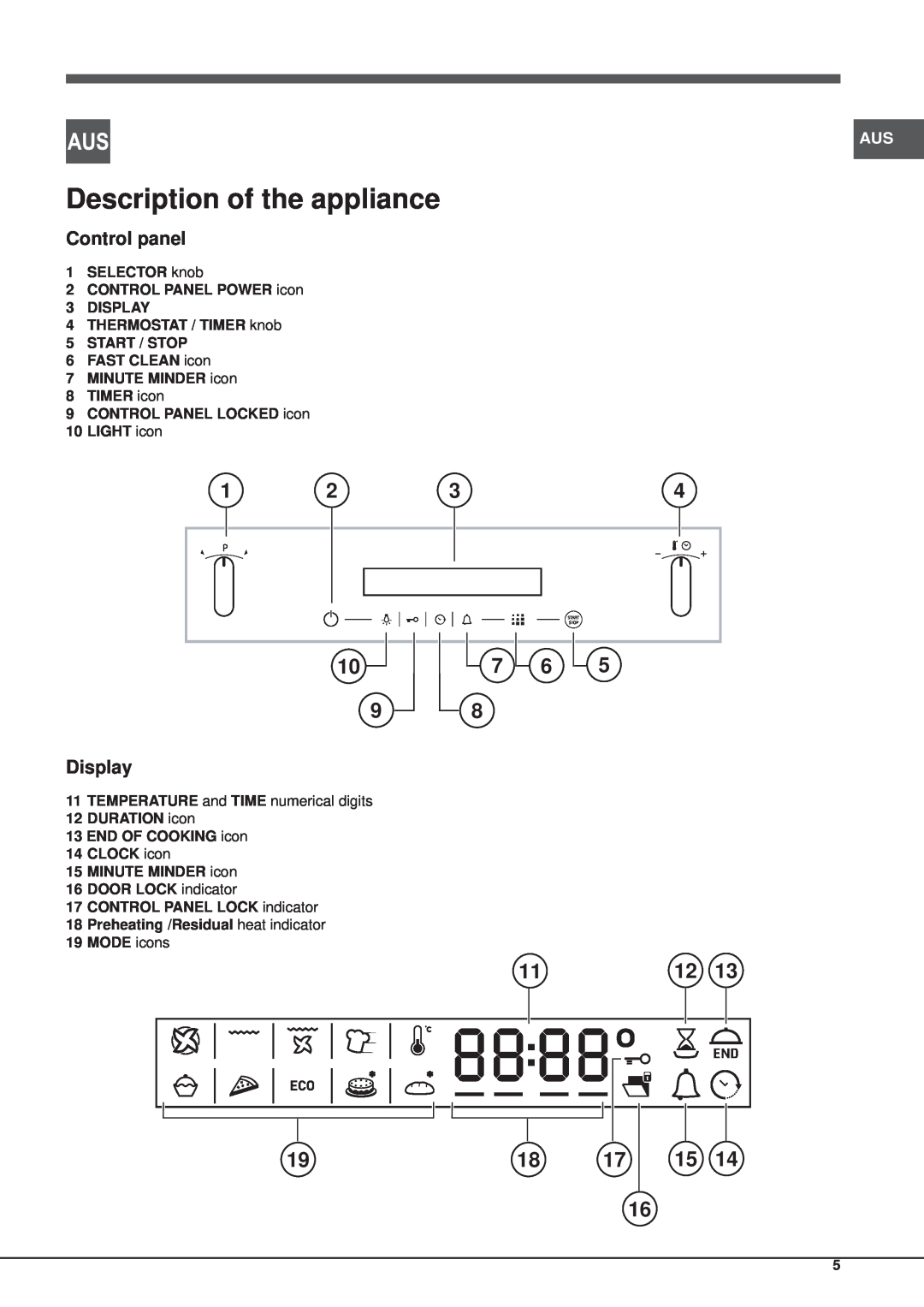 Ariston OK 892EL S P AUS, OK 892EL S P X AUS, OK 892EL P X AUS S manual Description of the appliance, Control panel, Display 