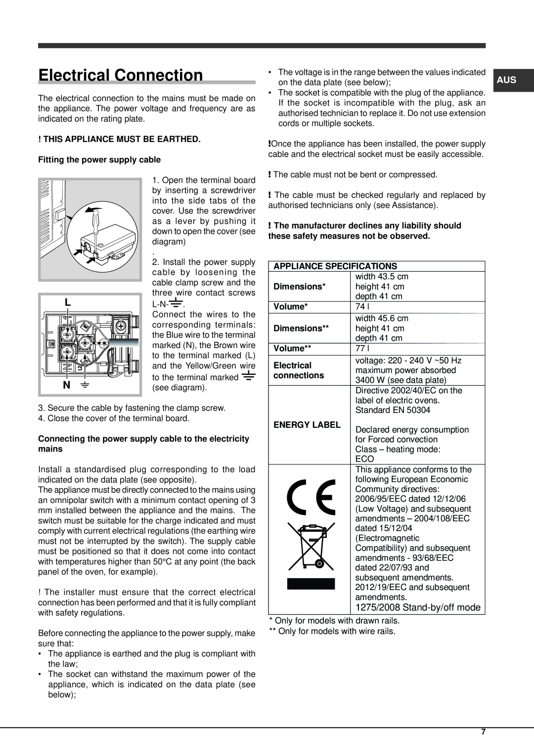 Ariston OK 892EL P AUS S Electrical Connection, Appliance Specifications, Dimensions, Volume, connections, Energy Label 