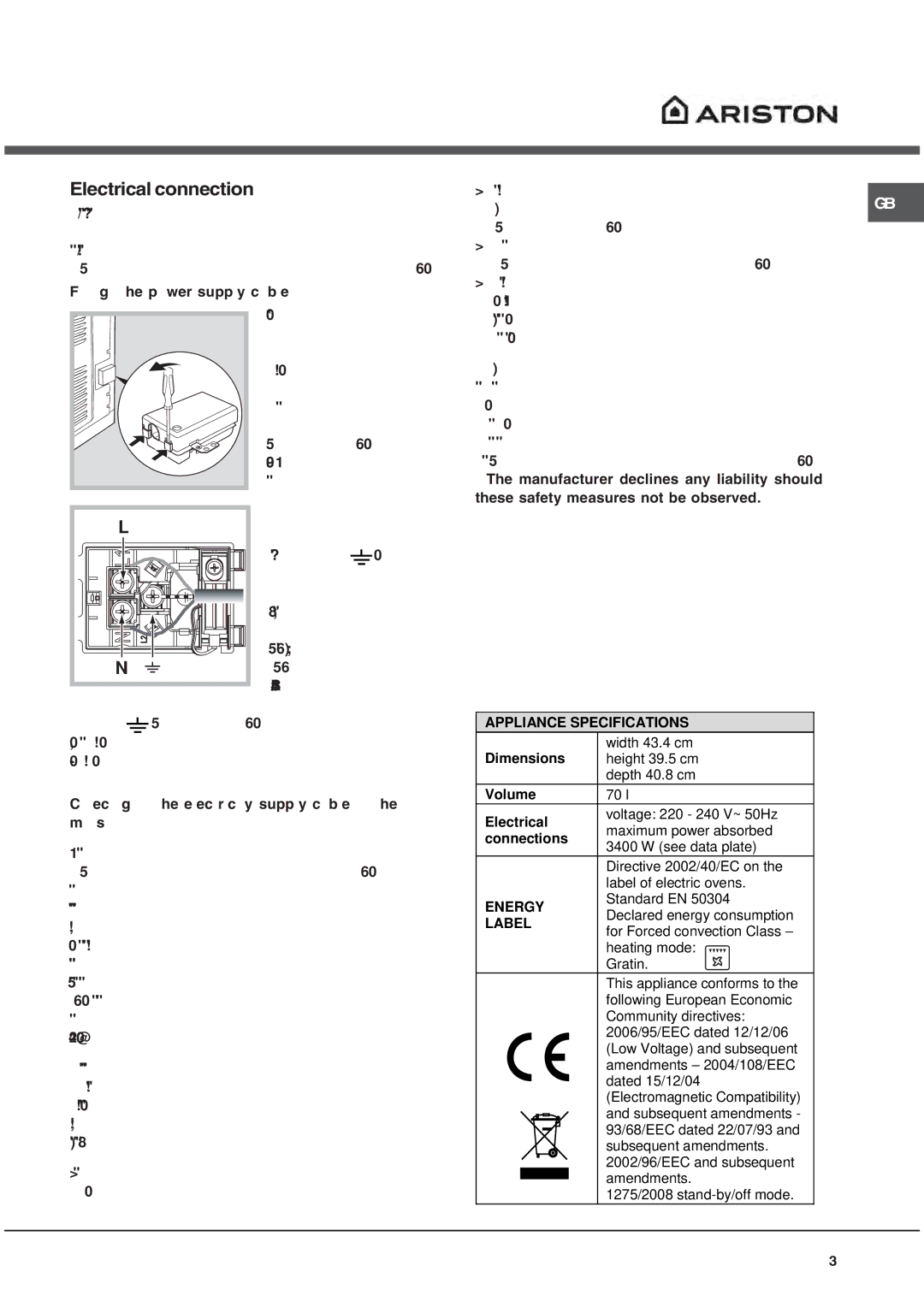 Ariston OS 99D P IX manual Electrical connection, Appliance Specifications 