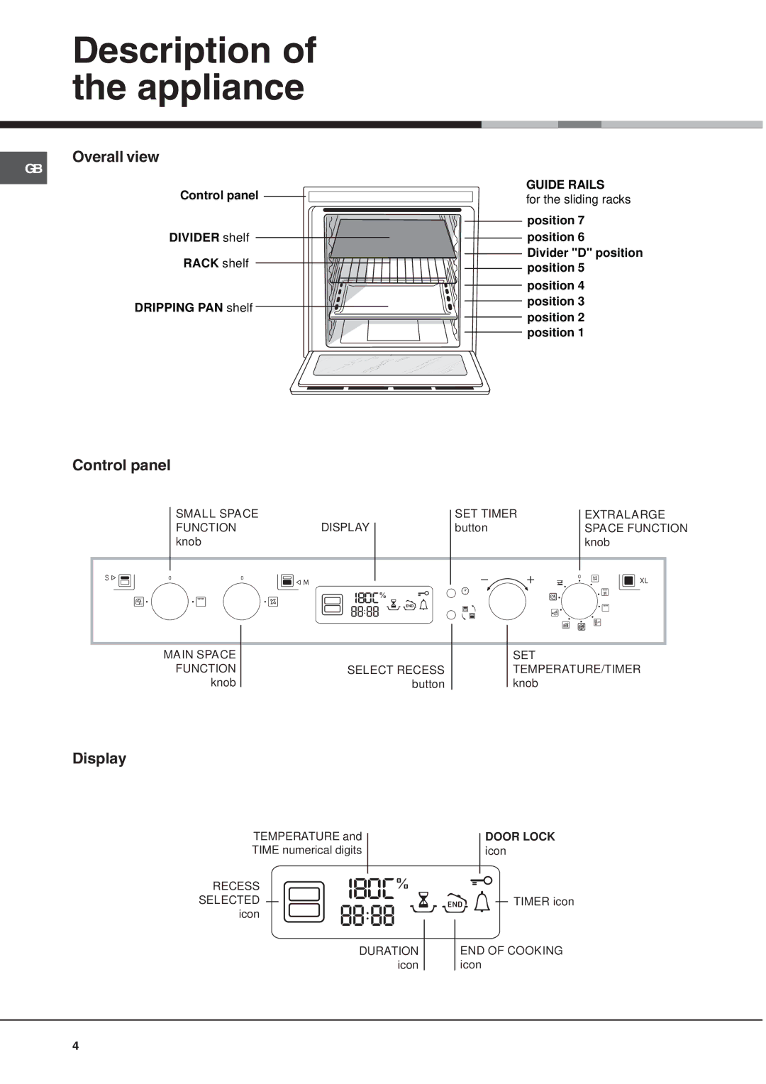 Ariston OS 99D P IX manual Description of the appliance, Overall view, Control panel, Display, ¡Oc 