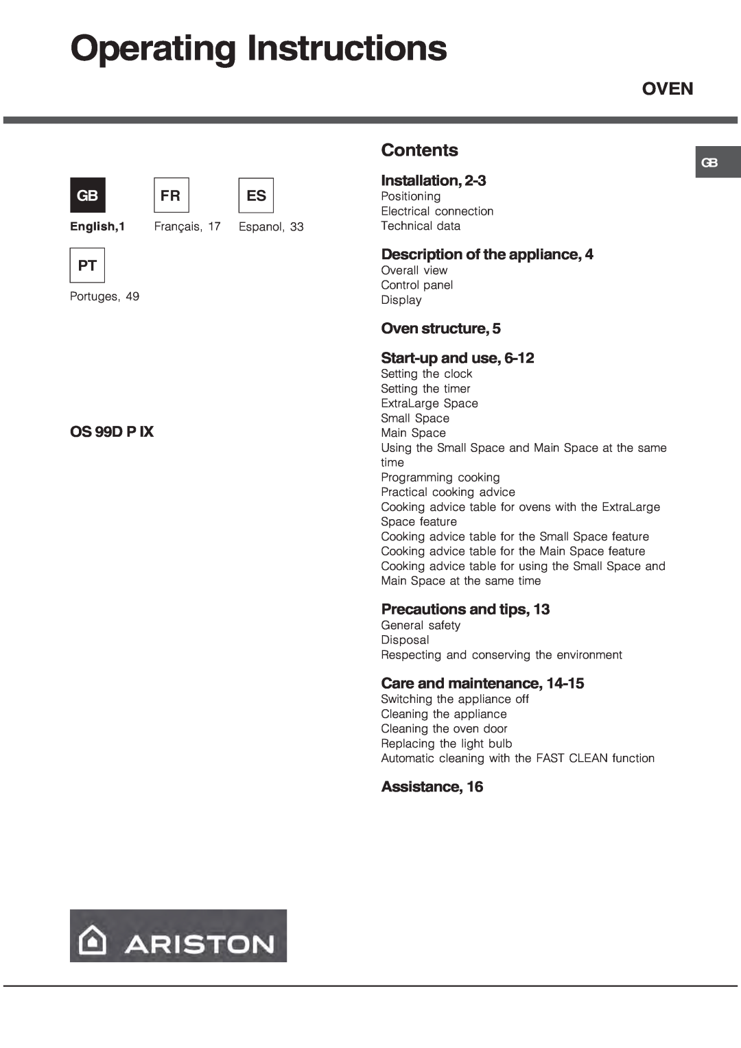 Ariston OS 99D P IX manual Operating Instructions, Oven, Contents 