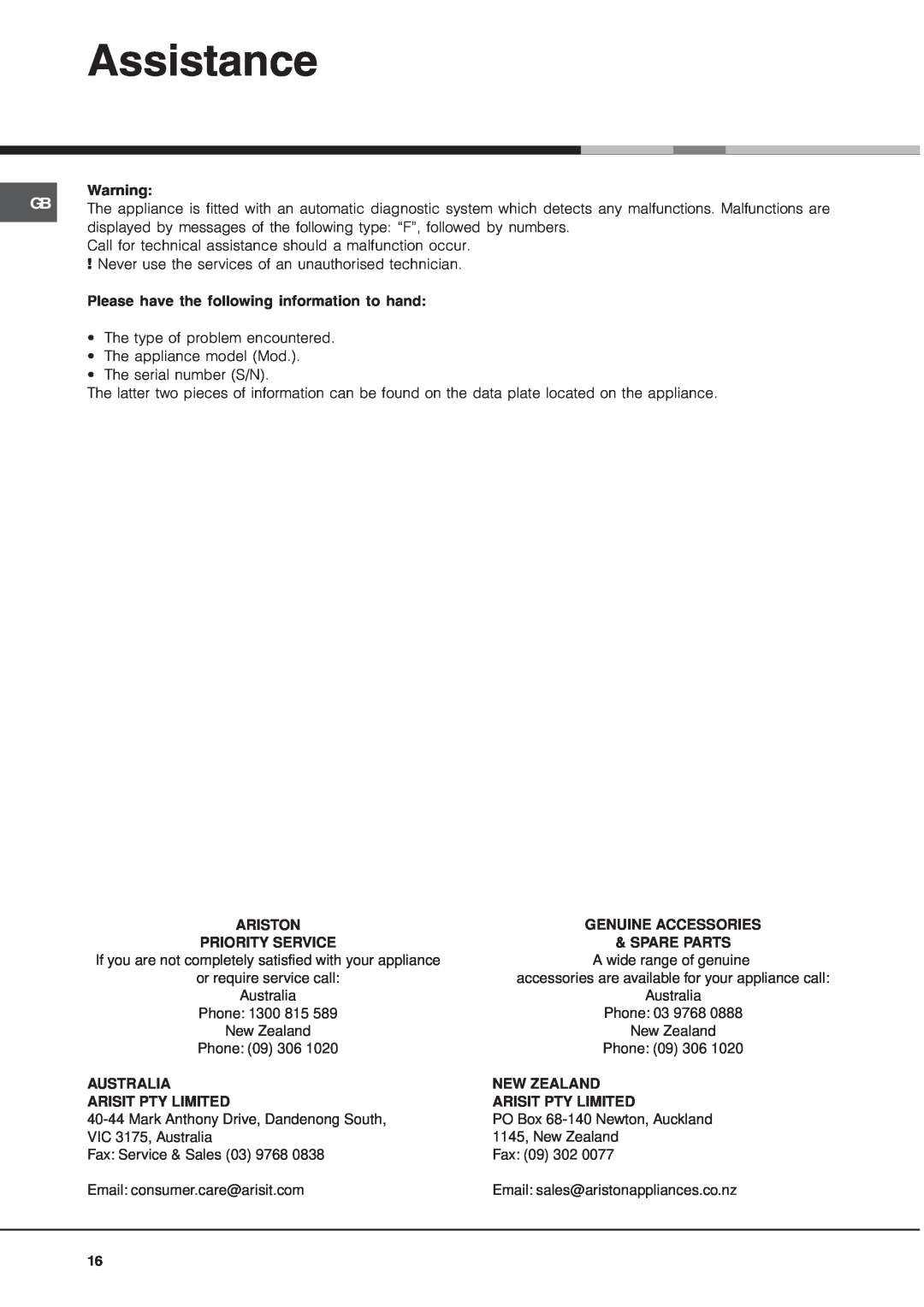 Ariston OS 99D P IX manual Assistance, New Zealand, Australia, Arisit Pty Limited, Mark Anthony Drive, Dandenong South, Fax 