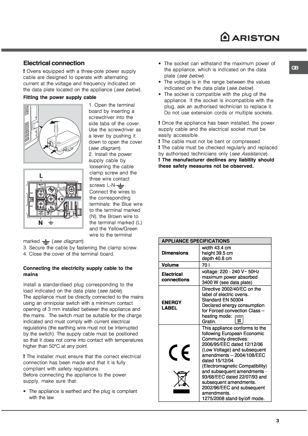 Ariston OS 99D P IX manual Electrical connection 