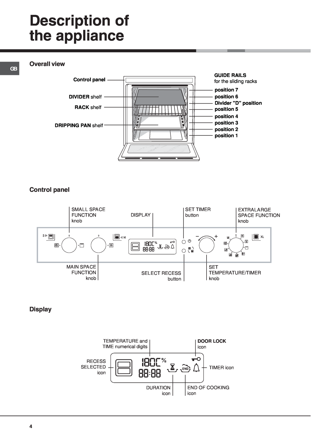 Ariston OS 99D P IX Description of the appliance, Guide Rails, Control panel, for the sliding racks, position, RACK shelf 