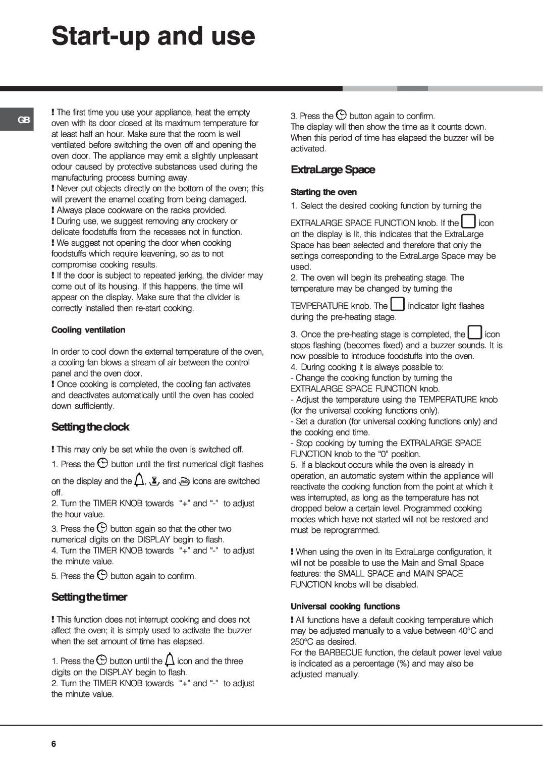 Ariston OS 99D P IX manual Start-up and use, Settingtheclock, Settingthetimer, ExtraLarge Space 