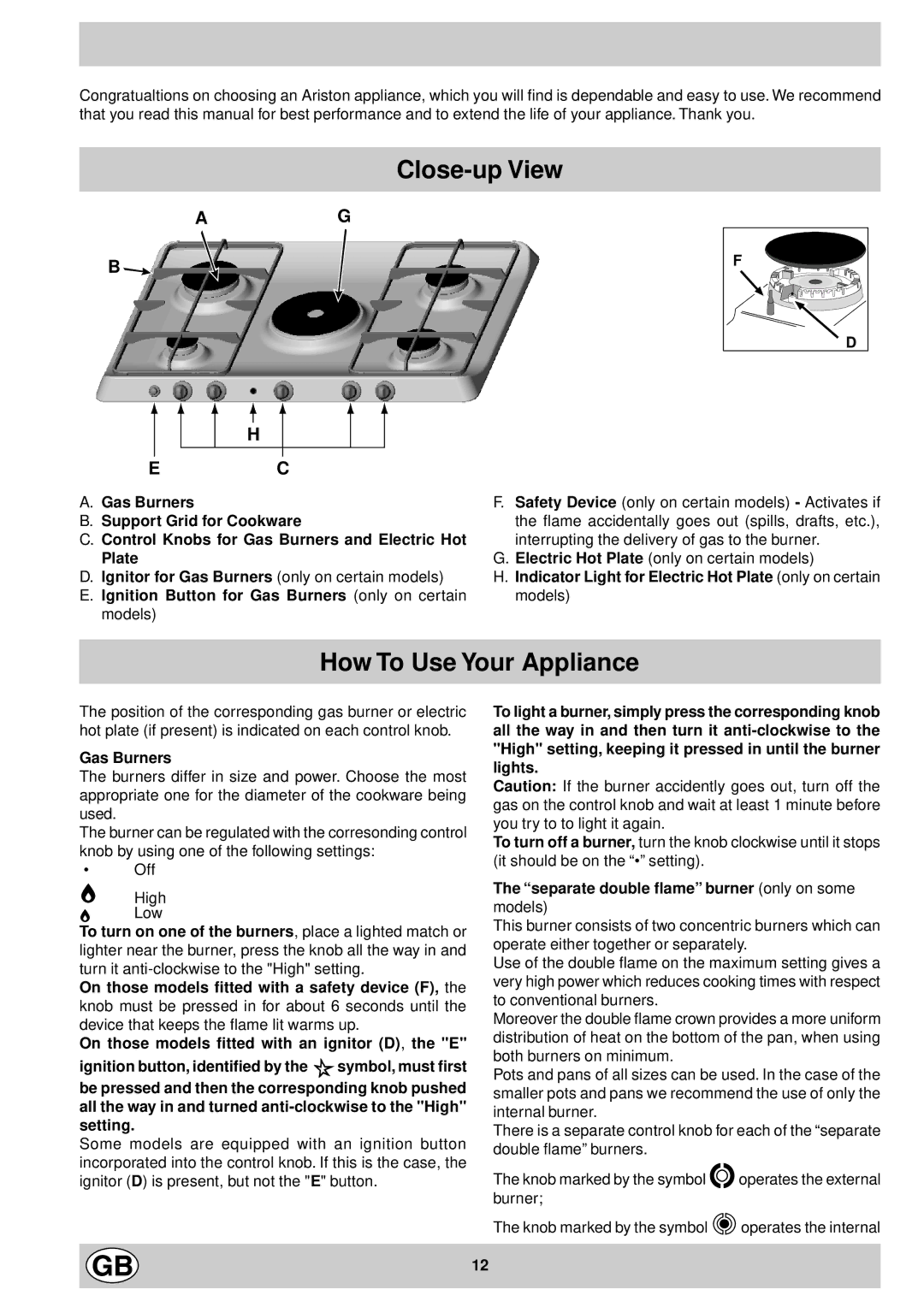 Ariston PF750AST Close-up View, How To Use Your Appliance, Gas Burners, Separate double flame burner only on some models 