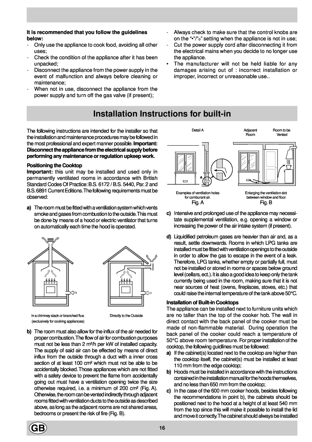 Ariston PF750AST manual Installation Instructions for built-in, It is recommended that you follow the guidelines below 