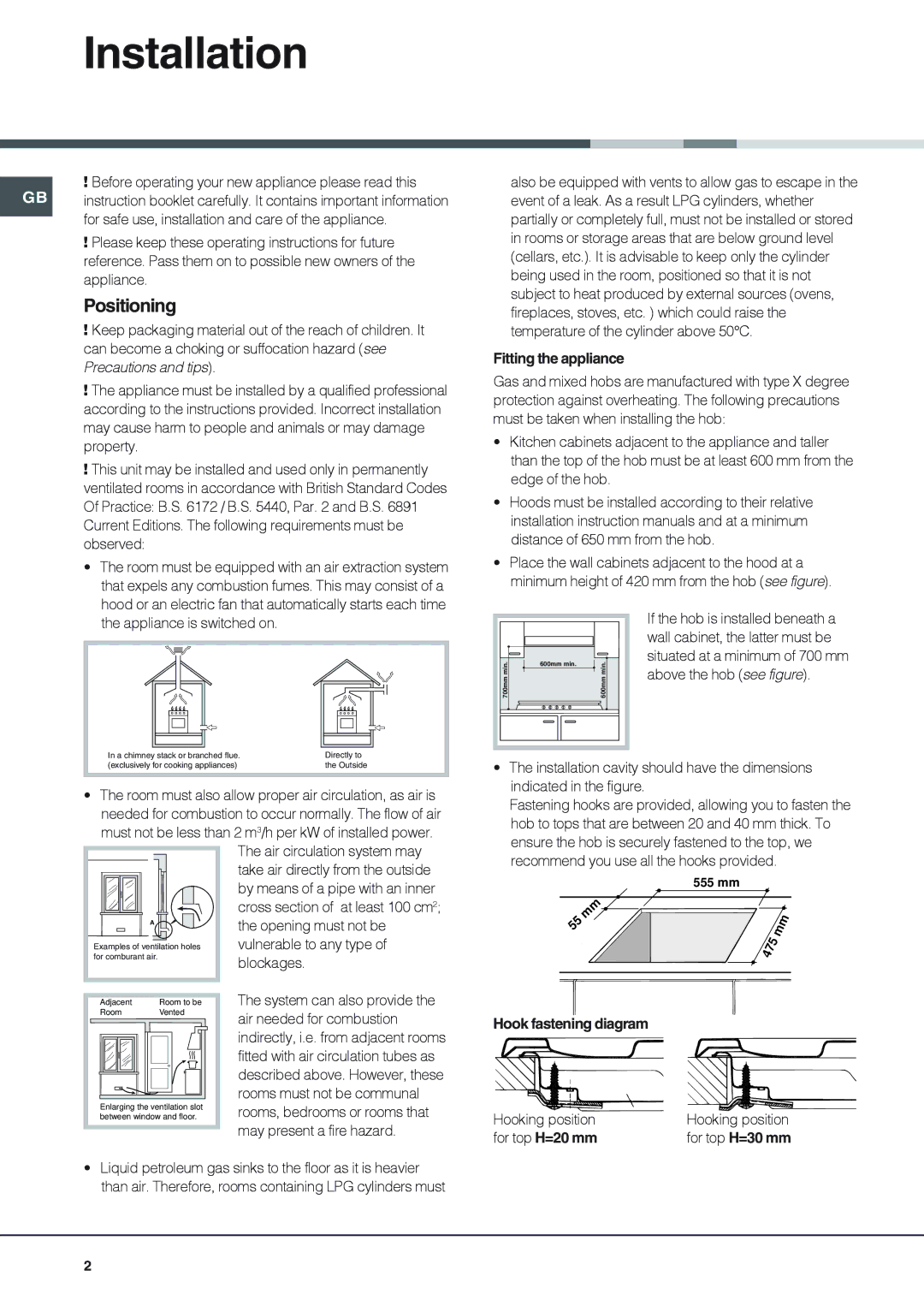 Ariston PH640MT NG, PH640MT PR, PH640MST NG Installation, Positioning, Fitting the appliance, Hook fastening diagram 