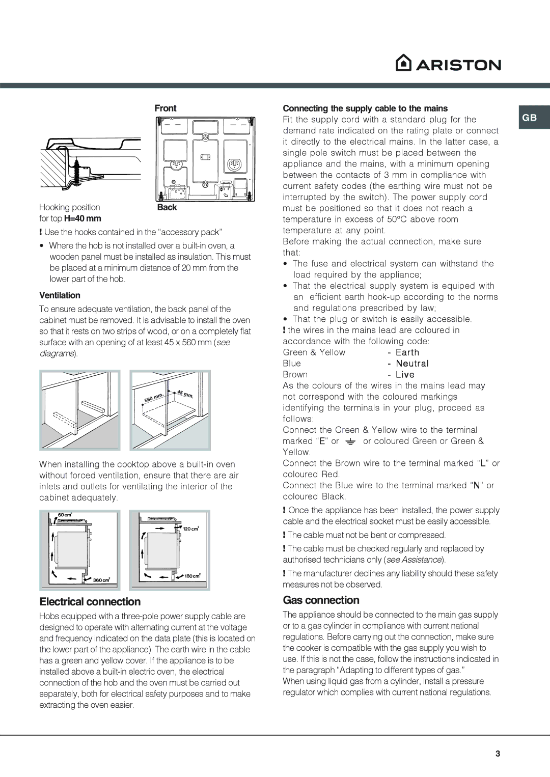 Ariston PH640MST PR, PH640MT PR, PH640MST NG, PH640MT NG operating instructions Electrical connection, Gas connection 