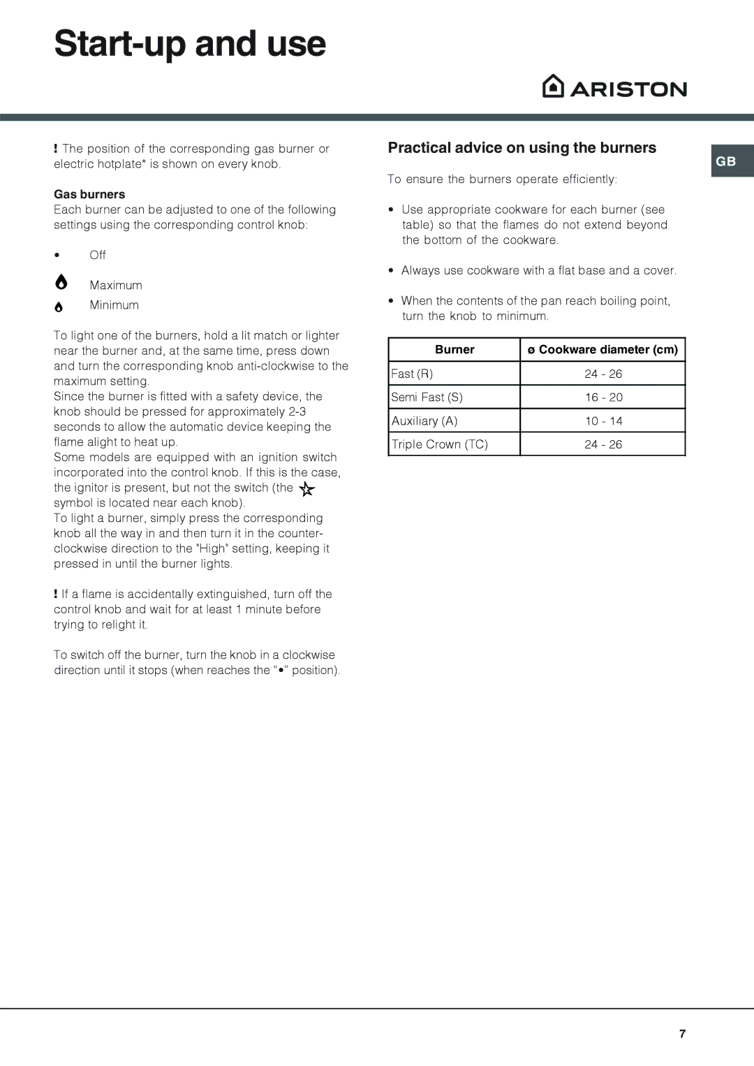 Ariston PH640MST PR, PH640MT PR, PH640MST NG Start-up and use, Practical advice on using the burners, Gas burners, Burner 