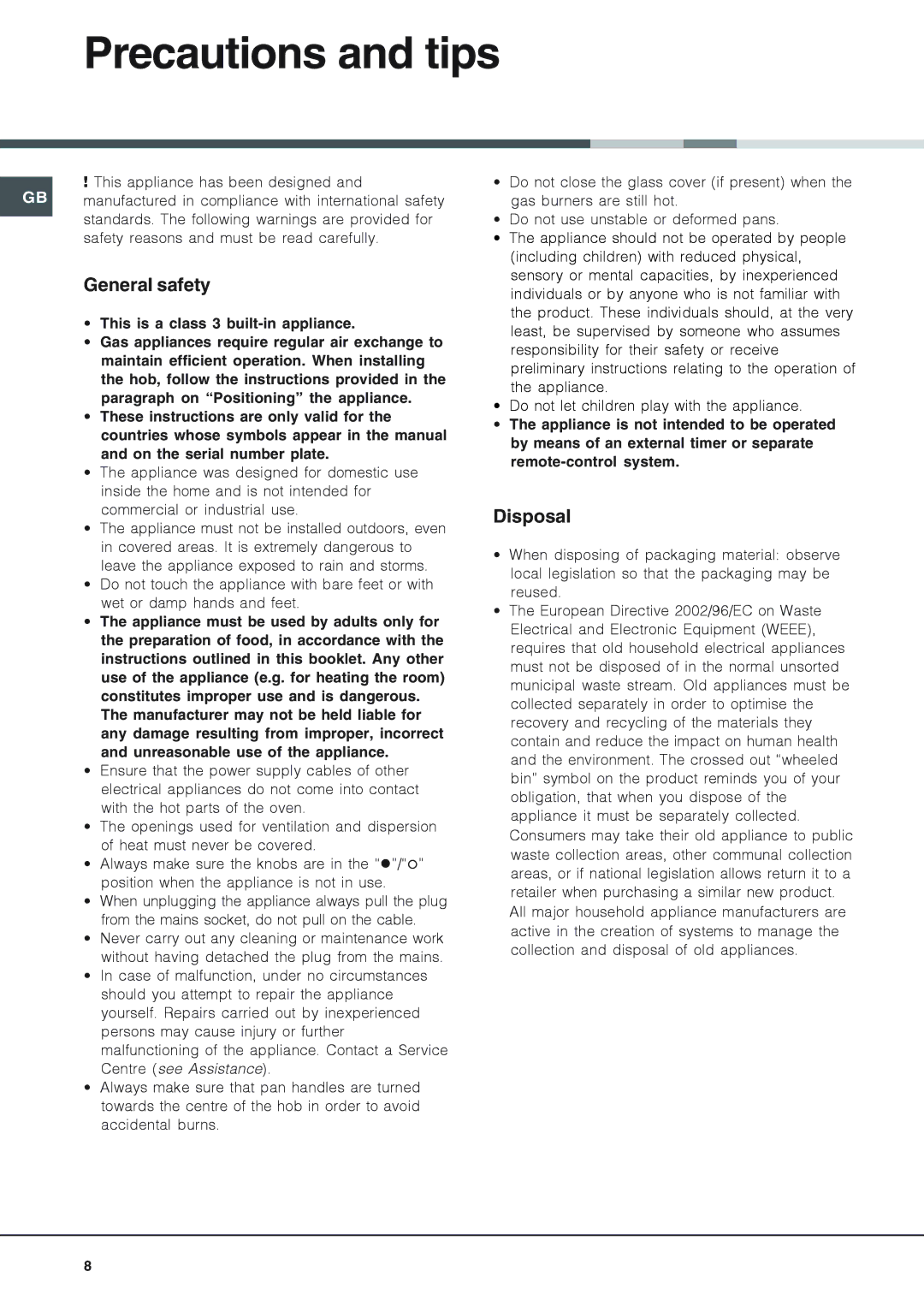 Ariston PH640MT PR, PH640MST NG, PH640MT NG, PH640MST PR operating instructions Precautions and tips, General safety, Disposal 