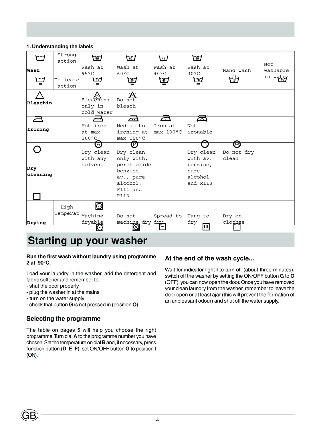 Ariston S1200AUK Starting up your washer, At the end of the wash cycle, Selecting the programme, Understanding the labels 