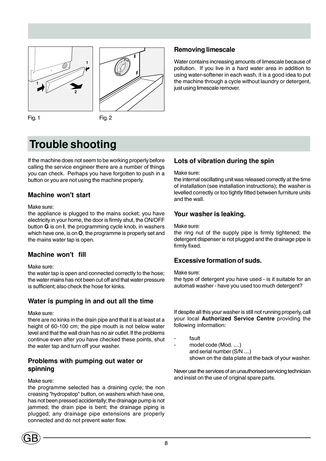 Ariston S1200AUK, S1200UK manual Trouble shooting 