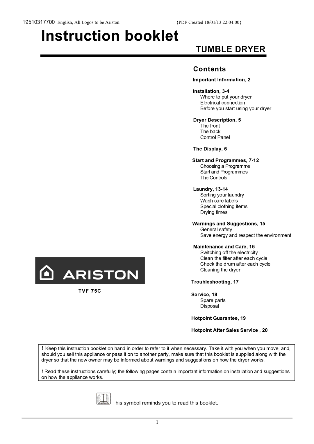 Ariston TVF 75C manual Instruction booklet, Tumble Dryer 