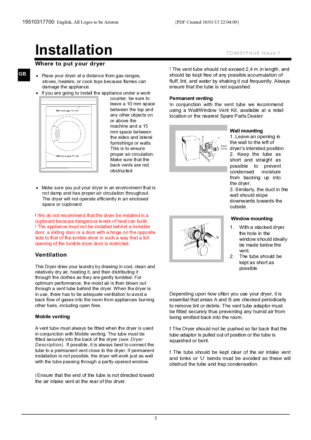 Ariston TVF 75C manual Installation, Where to put your dryer, Ventilation 