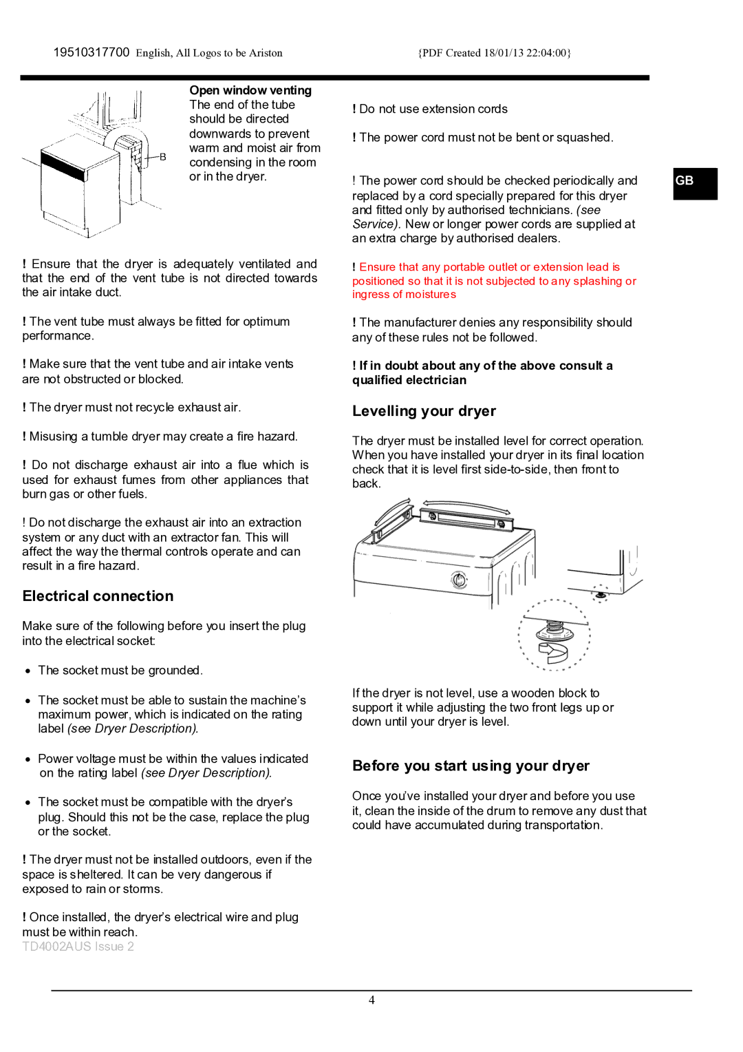 Ariston TVF 75C manual Electrical connection 