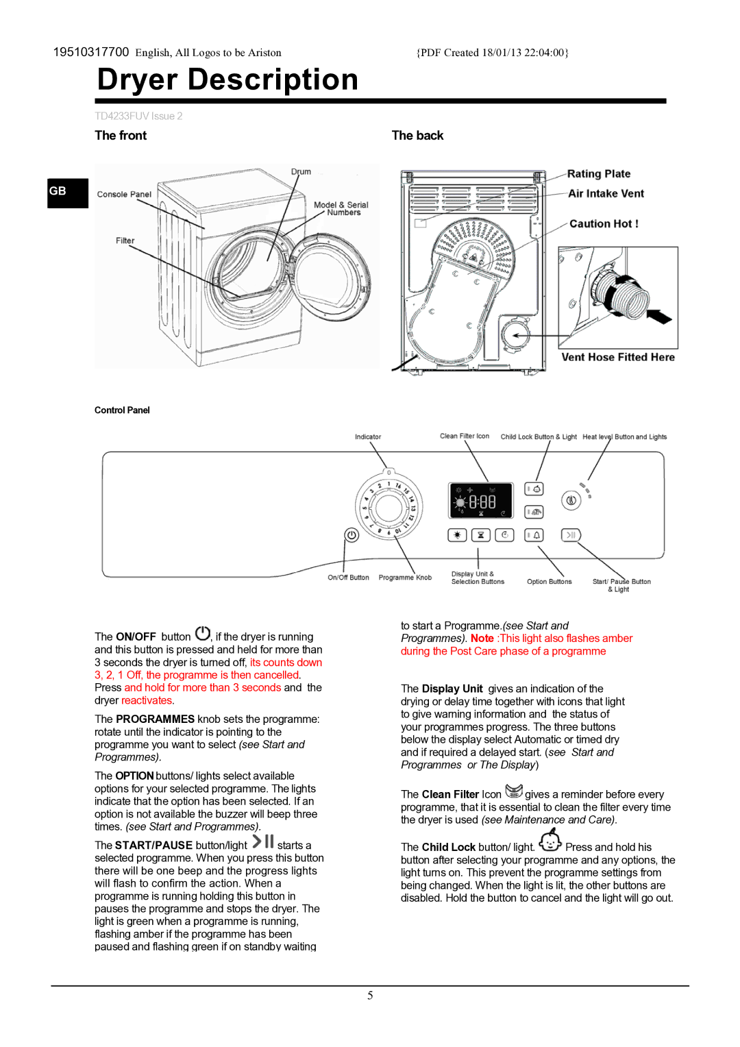 Ariston TVF 75C manual Dryer Description 