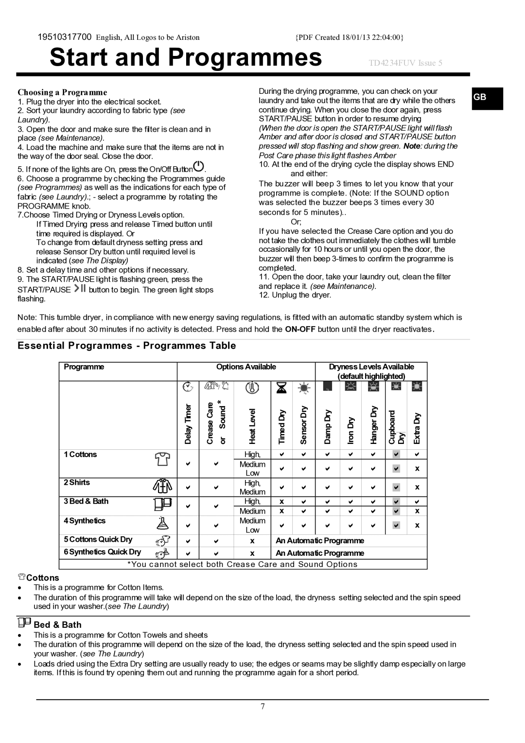 Ariston TVF 75C manual Start and Programmes TD4234FUV Issue, Essential Programmes Programmes Table, Cottons, Bed & Bath 