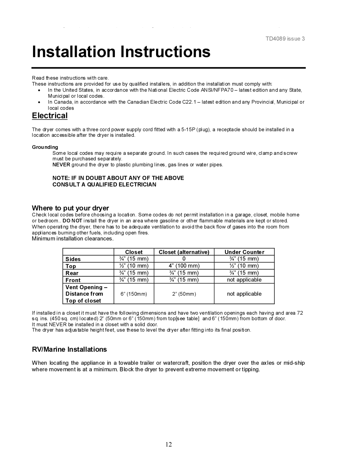 Ariston TVM63 important safety instructions Where to put your dryer, RV/Marine Installations 