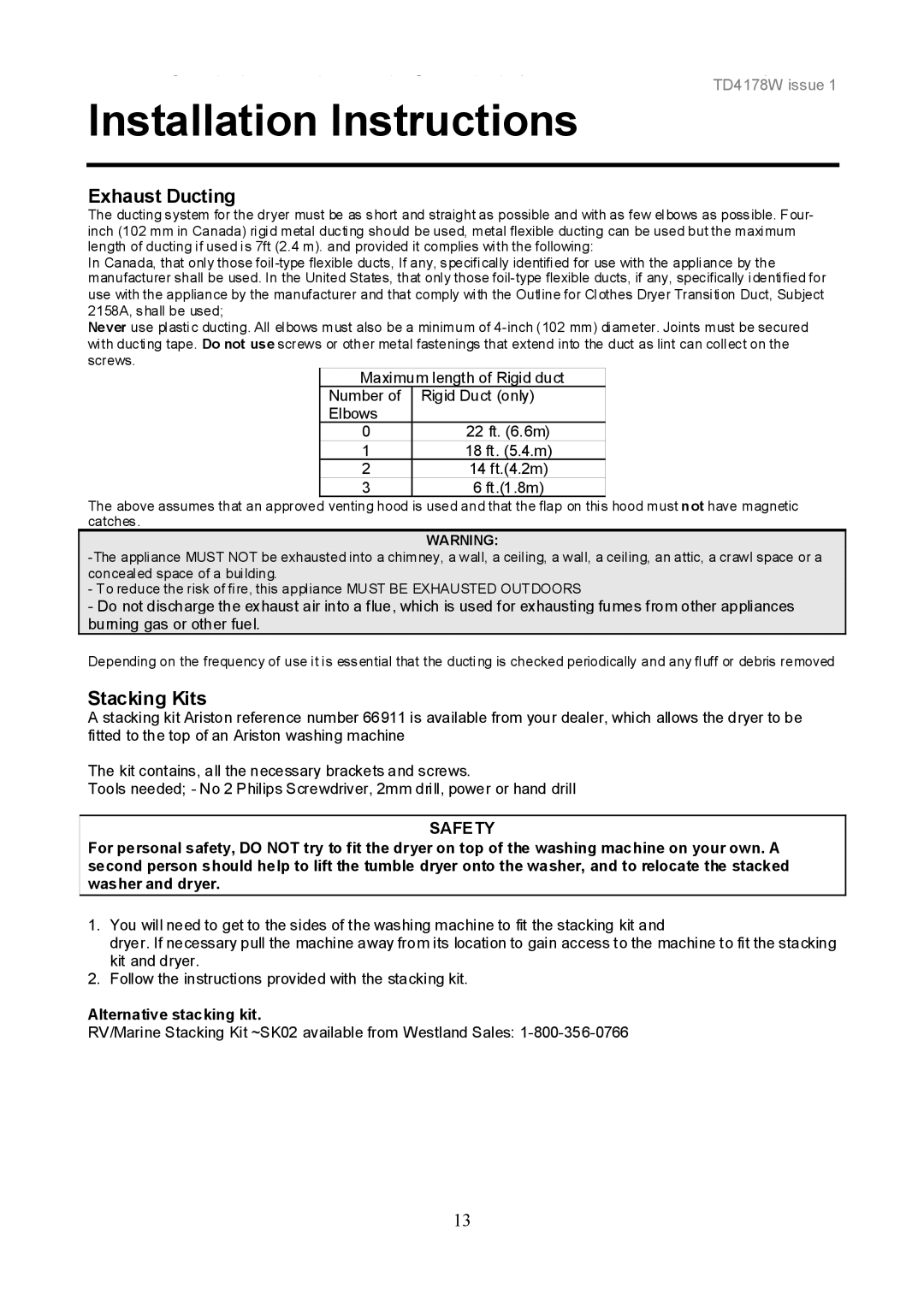 Ariston TVM63 important safety instructions Exhaust Ducting, Stacking Kits, Alternative stacking kit 