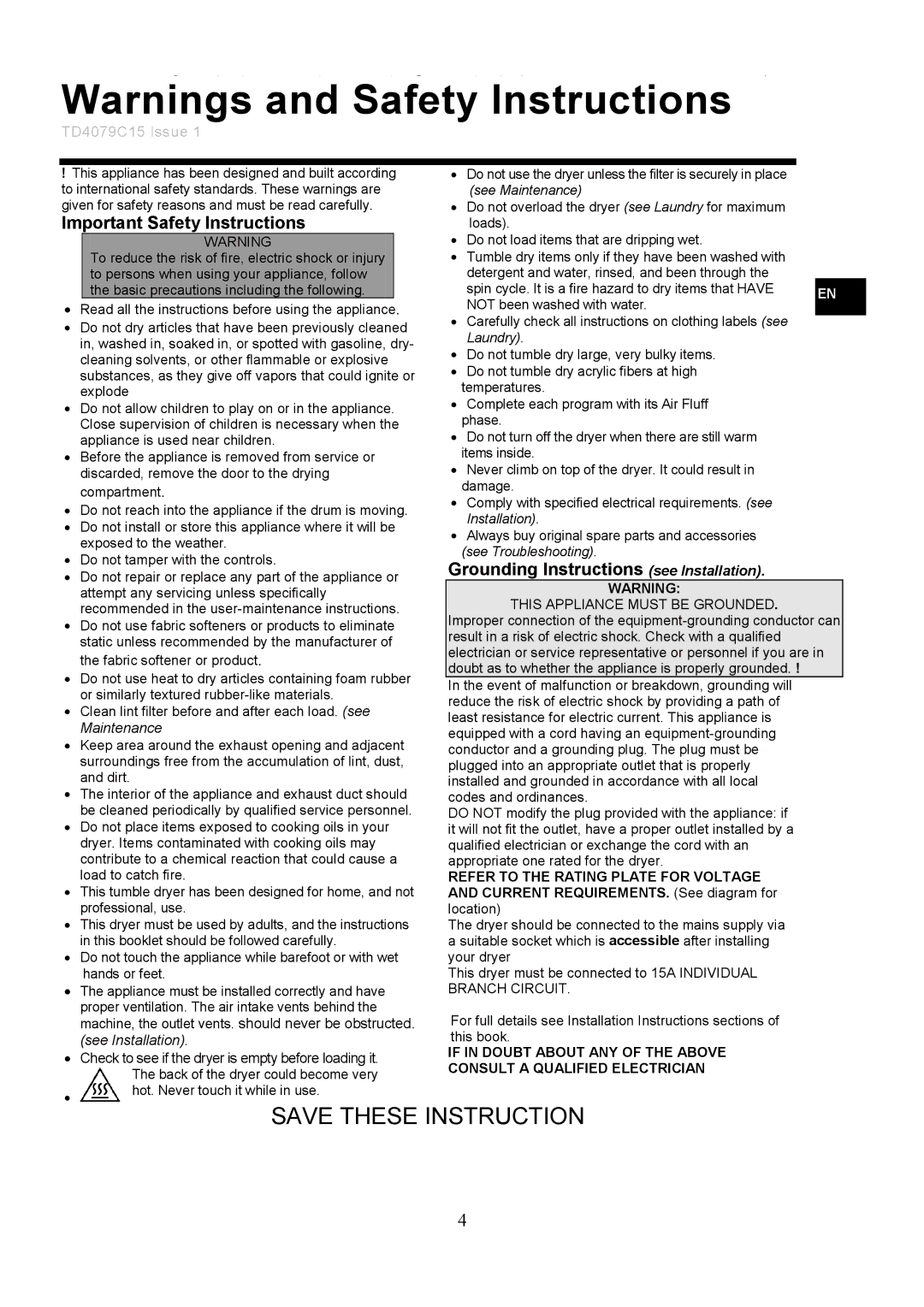 Ariston TVM63 important safety instructions Save These Instruction 