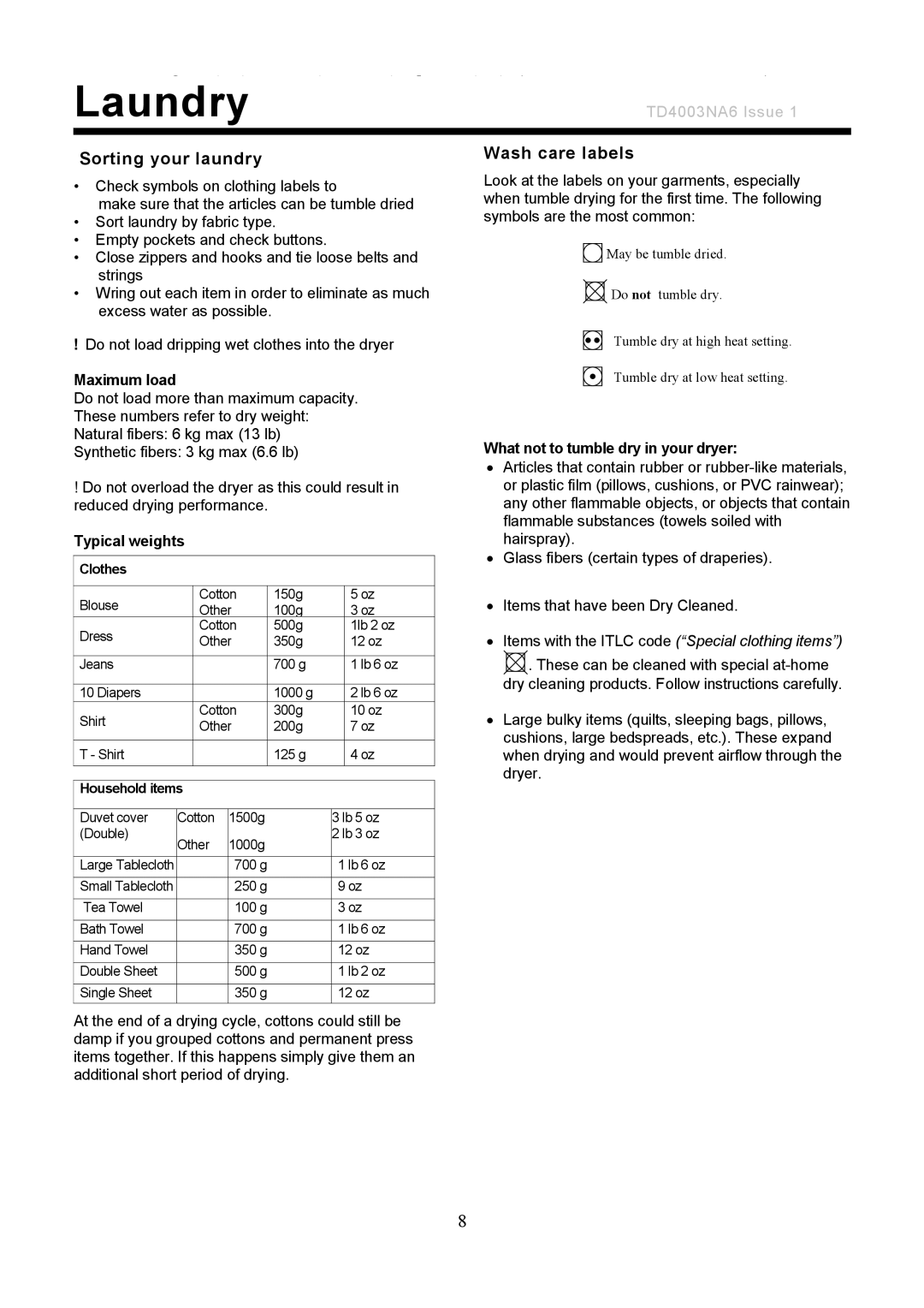 Ariston TVM63 important safety instructions Laundry, Sorting your laundry, Wash care labels 