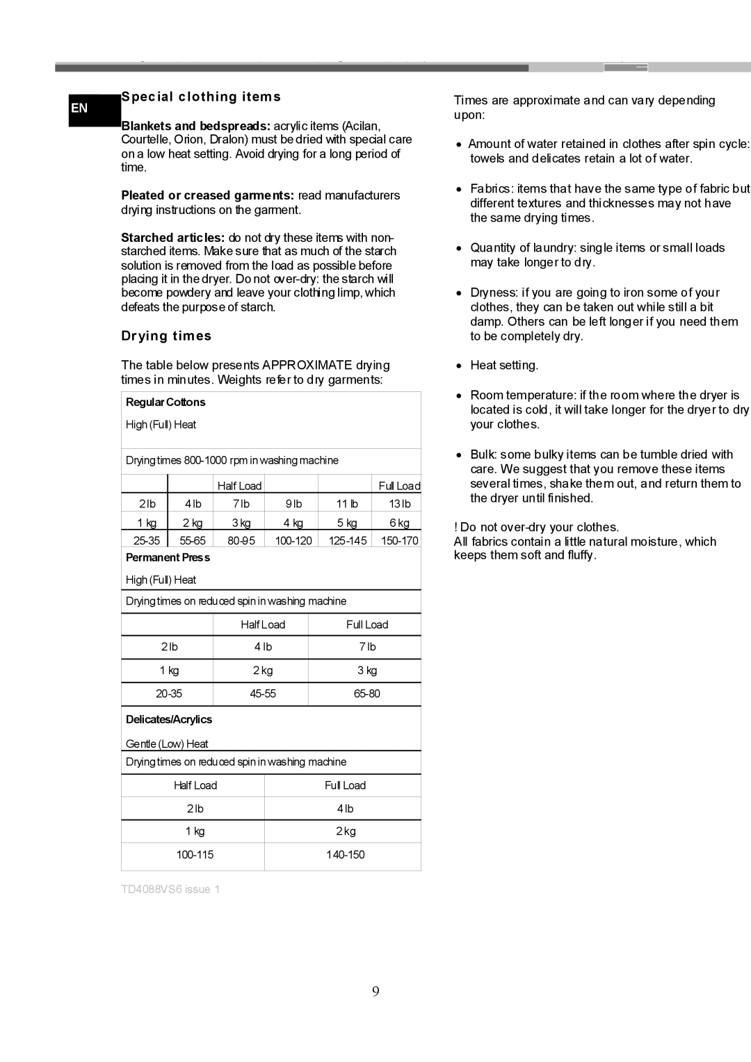 Ariston TVM63 important safety instructions Special clothing items, Drying times, RegularCottons 