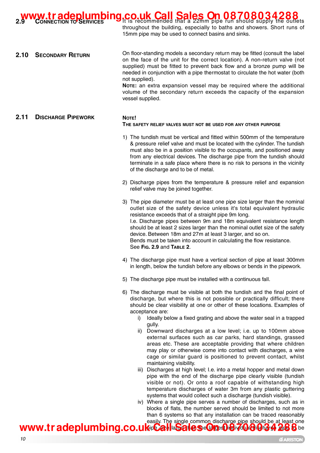 Ariston Unvented Hot Water Storage Cylinders manual Secondary Return Discharge Pipework 
