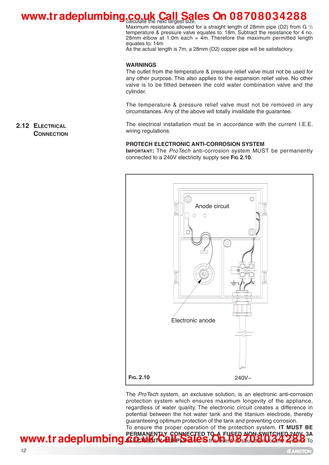 Ariston Unvented Hot Water Storage Cylinders manual Protech Electronic ANTI-CORROSION System, 240V~ 