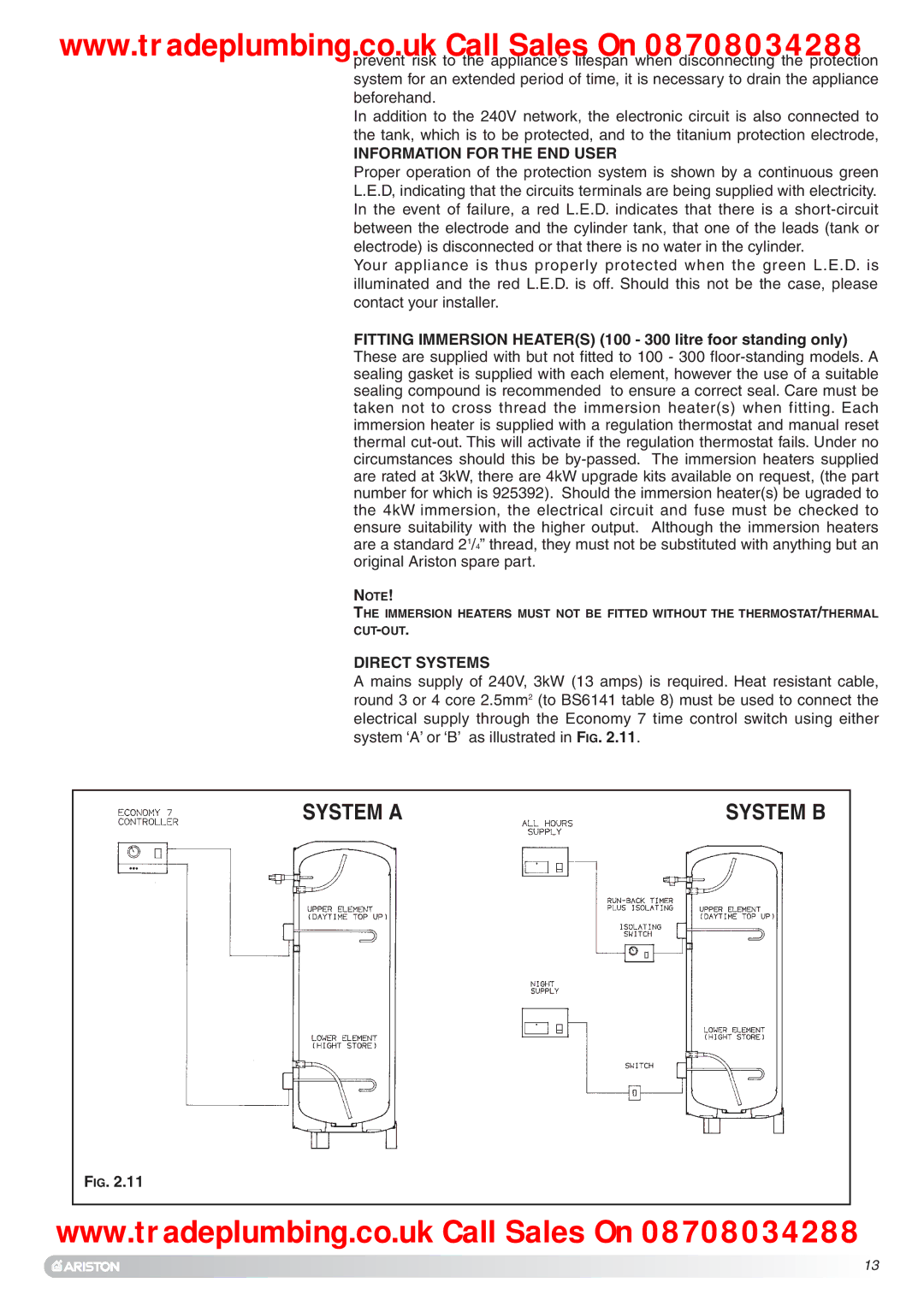 Ariston Unvented Hot Water Storage Cylinders manual Information for the END User, Direct Systems 