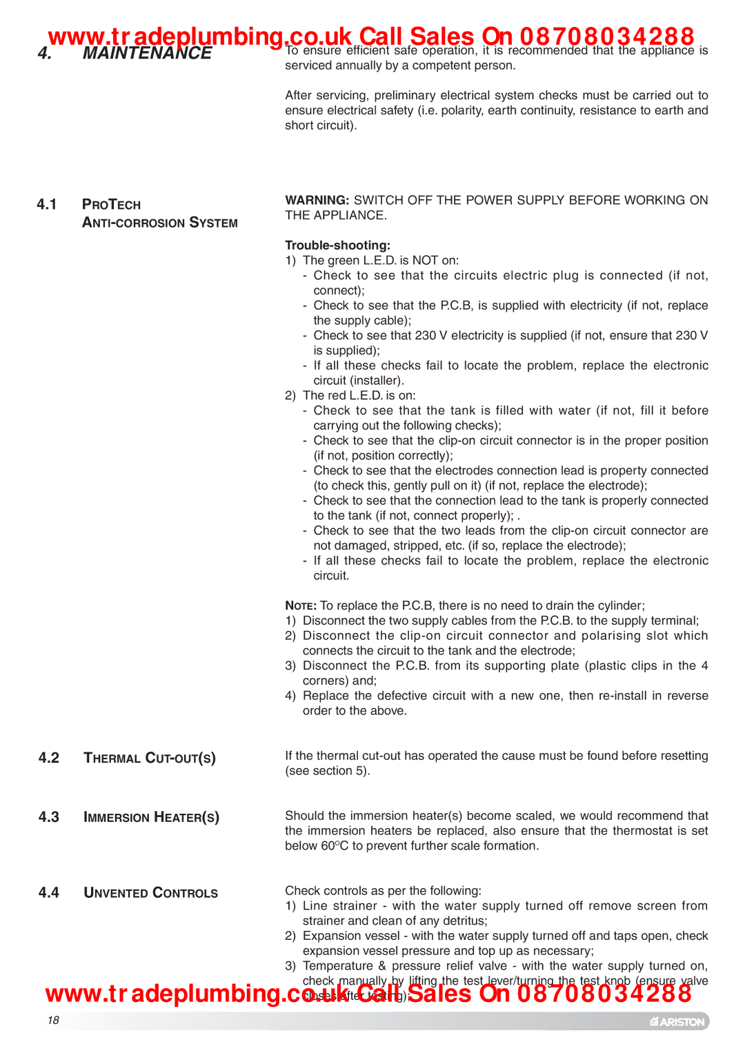 Ariston Unvented Hot Water Storage Cylinders manual Maintenance, Trouble-shooting 