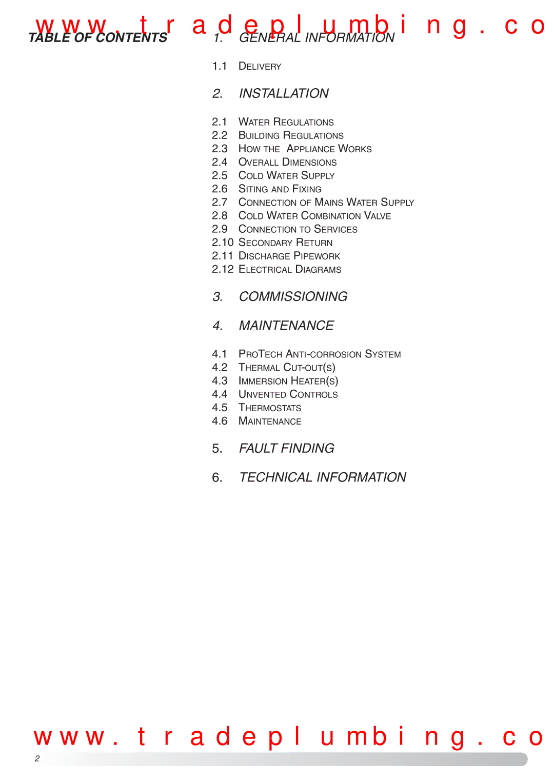 Ariston Unvented Hot Water Storage Cylinders manual Table of Contents 