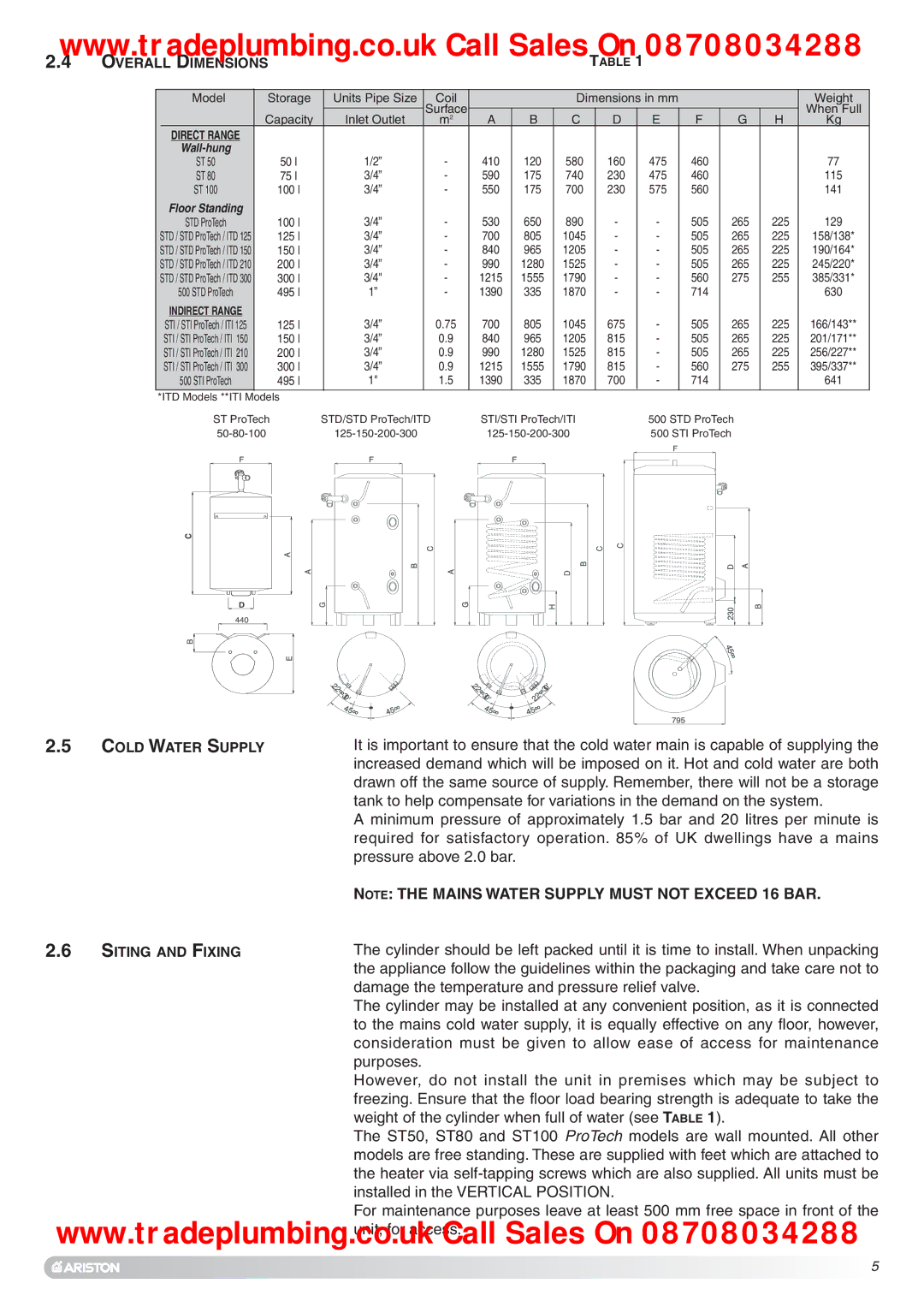 Ariston Unvented Hot Water Storage Cylinders manual Overall Dimensions 