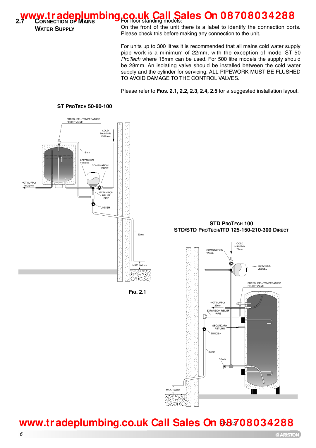 Ariston Unvented Hot Water Storage Cylinders manual For floor standing models, ST Protech 