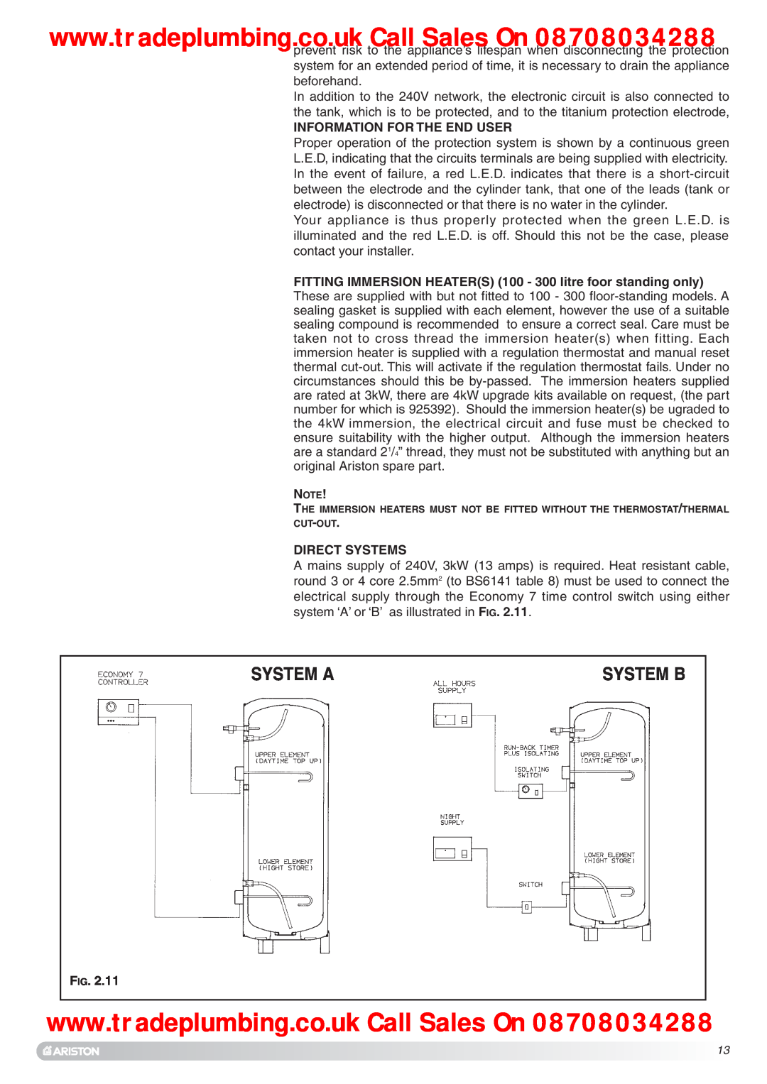 Ariston Unvented Hot Water Storage Cylinders manual System A, System B 