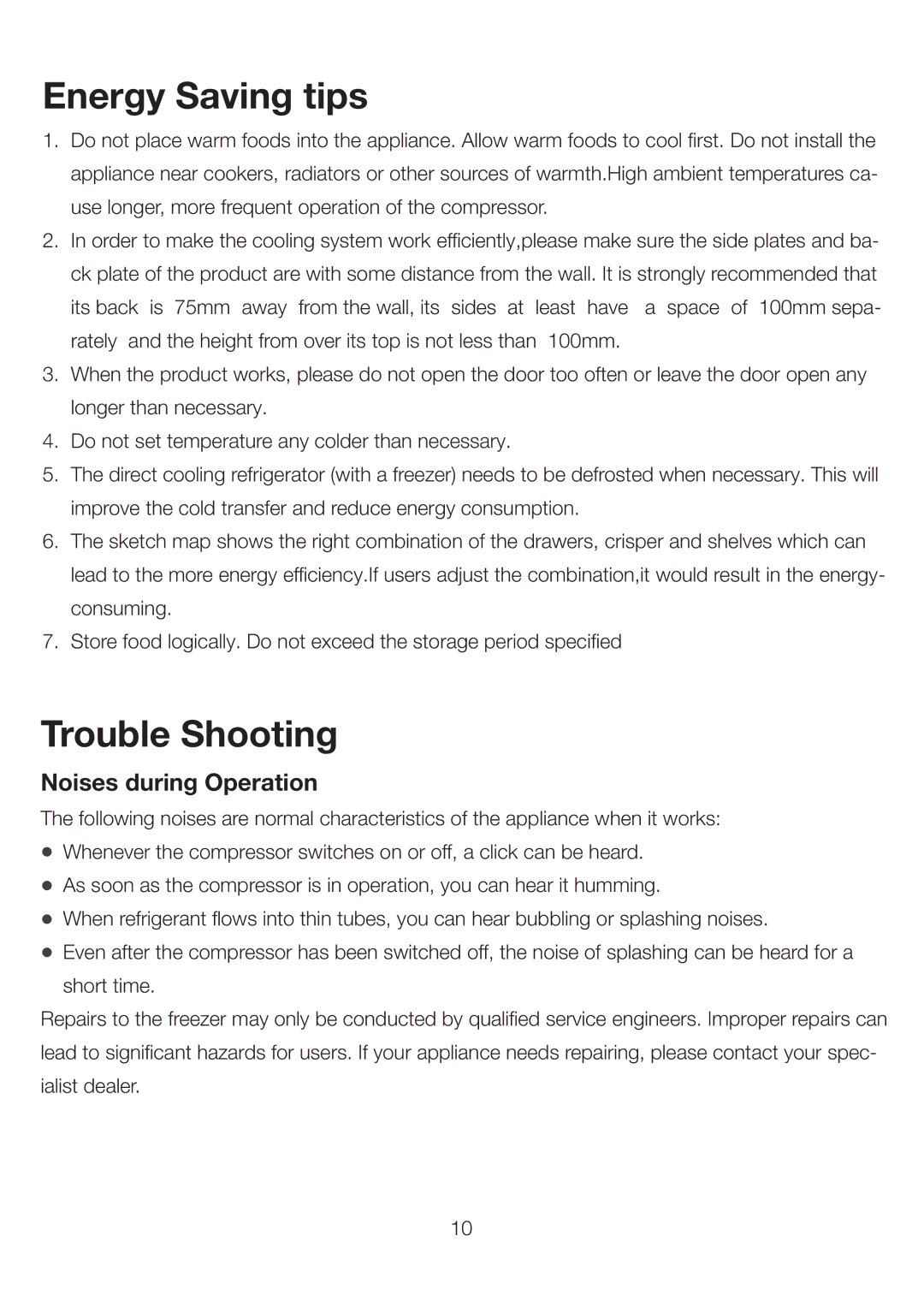 Ariston UP 350 FI (FE) manual Energy Saving tips, Trouble Shooting, Noises during Operation 